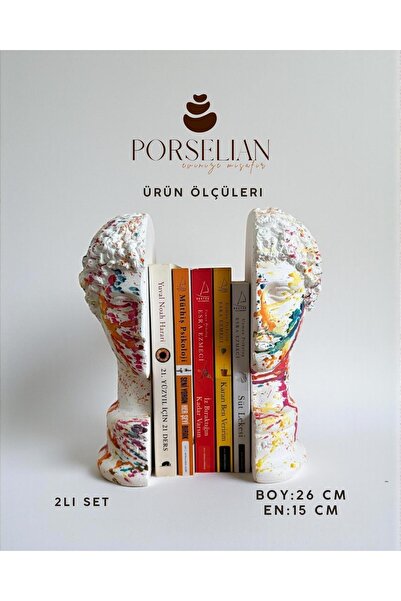 Porselian 2'li Set Dekoratif Beton Antik Büst Kitap Tutacağı 26 cm Siyah Heyk...