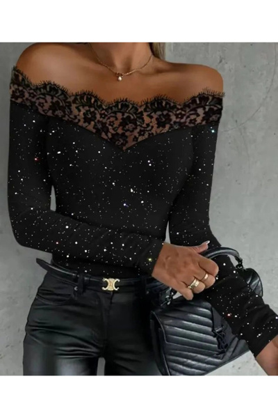 Butik Kadın Kadife Simli Kumaş Dantel Detaylı Bluz