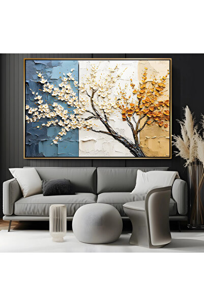 EMYA HOME Premium Gold Metal Framed Triple Tree Glass Painting