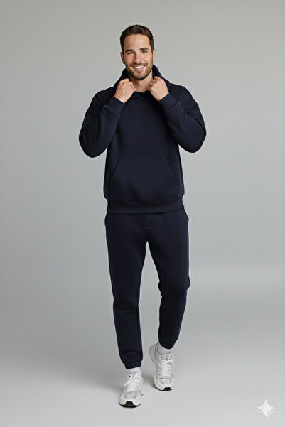 LUMİZA Men's Oversized Navy Blue Hooded Tracksuit Set with Fleece Inside
