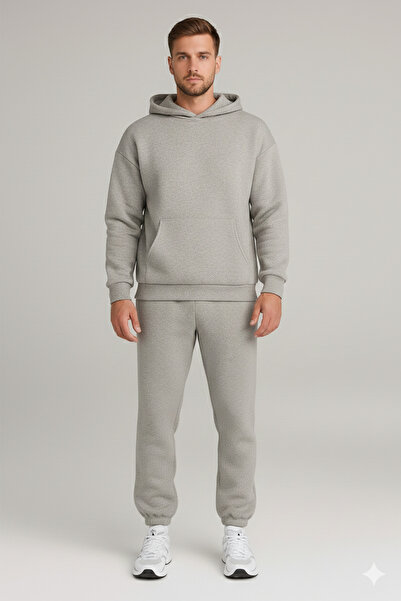 LUMİZA Men's Oversized Gray Hooded Tracksuit Set with Fleece Inside