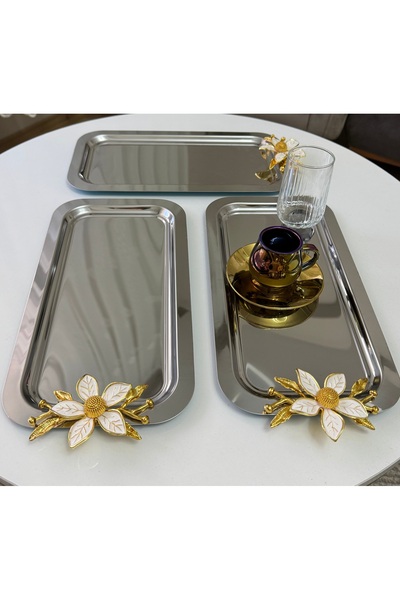 SEVA ÇELİK 3 Pcs Stainless Steel Large Rectangular Large Floral Presentation ...