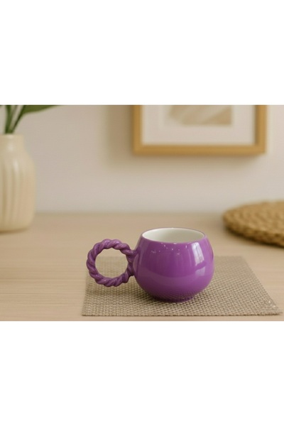 İZart Knitted Handle Bubble Purple Mug with White Detail Inside Completely Ha...
