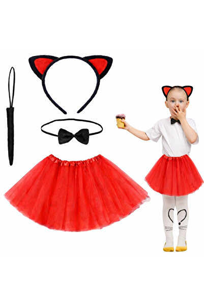 Lisinya Red Color Cat Costume Set with Skirt (Tutu, Crown, Bowtie, Tail) - Tygoo