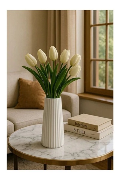 SZN HOME DESİGN Modern Grooved Ceramic Decorative Vase – 18 cm Nordic Design ...