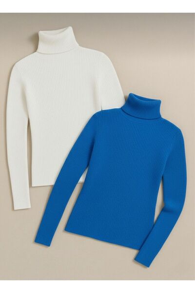 VALERO Women's White Blue 2-Pack Corded Fabric Turtleneck Cotton Turtleneck S...