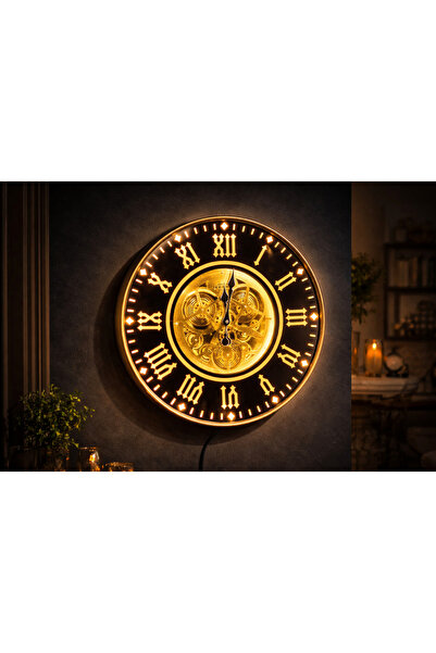hediyeconcepti LED Işıklı Mekanizmalı Lüks Duvar Saati – Gold Detaylı Vintage...