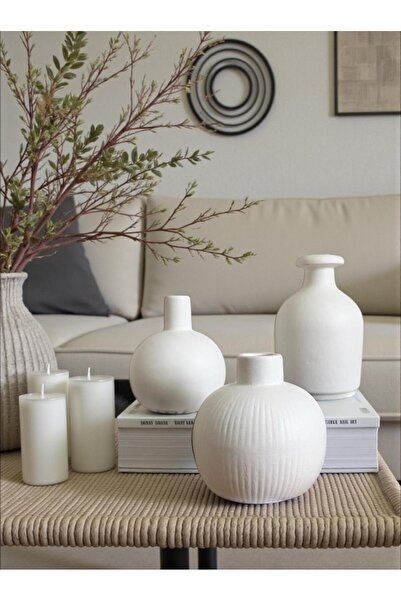 Porselian 3'lü Set Dekoratif Beton Vazo - Modern Antik Formlu Kütüphane ve Masa Aksesuarı