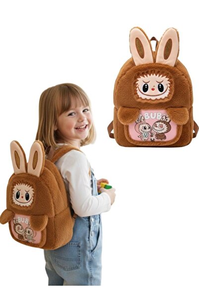 Premium Labubu Brown Bunny 3D Plush Backpack Cute Soft Cartoon School Bag for...