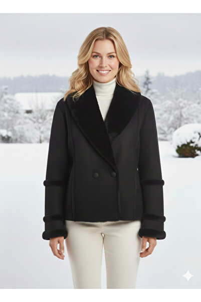 mooishan Jesia Fur Collar and Fur Inside Shawl Collar Model Long Sleeve Coat