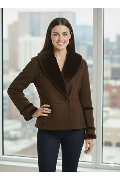 mooishan Jesia Fur Collar and Fur Inside Shawl Collar Model Long Sleeve Coat