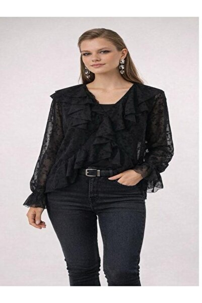 Liya Fırfır Detaylı Siyah Bluz