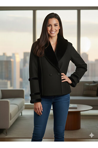 mooishan Jesia Fur Collar and Fur Inside Shawl Collar Model Long Sleeve Coat