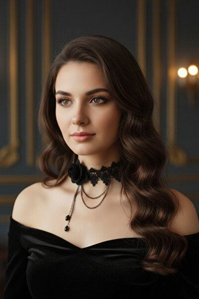 shop Siyah Gül Detaylı Katmanlı Zincir Sarkıtlı Dantel Choker Kolye - Gotik v...