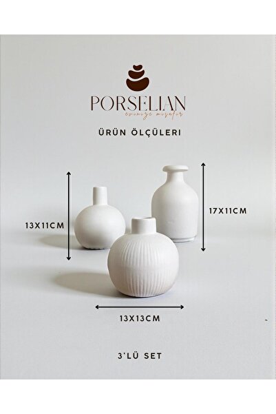 Porselian 3'lü Set Dekoratif Beton Vazo - Modern Antik Formlu Kütüphane ve Ma...