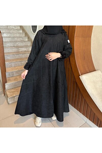 Karmen عباية شموه شتوي – عباية شموه أسود ربع كلوش بأكمام فرو مع طرحة هدية