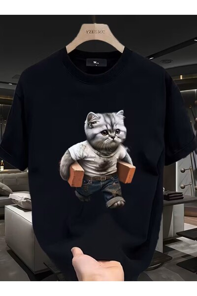 LELVANİ Fun Bricklaying Cat Printed T-Shirt