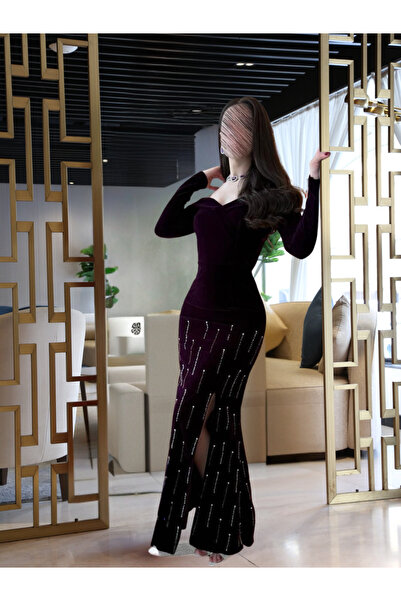 LITSHE Lilac velvet dress adorned with crystal fringe