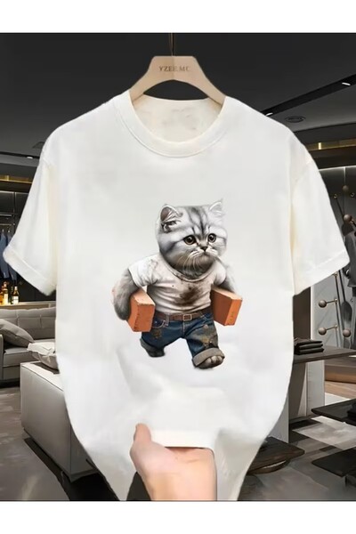 LELVANİ Fun Bricklaying Cat Printed T-Shirt