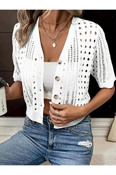 Kanonik Education Women's Short Sleeve Buttoned Front Short Knitwear Cardigan