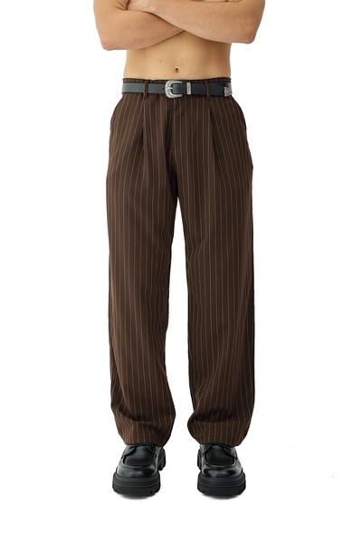 hitup Thick Buttoned Striped Detail Baggy Fit Fabric Trousers