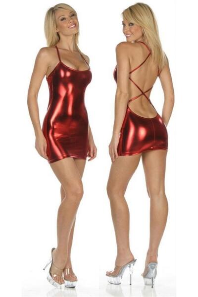 Hafif Giyim Kırmızı Fantezi Seksi Deri Görünümlü Mini Elbise TP060838HF