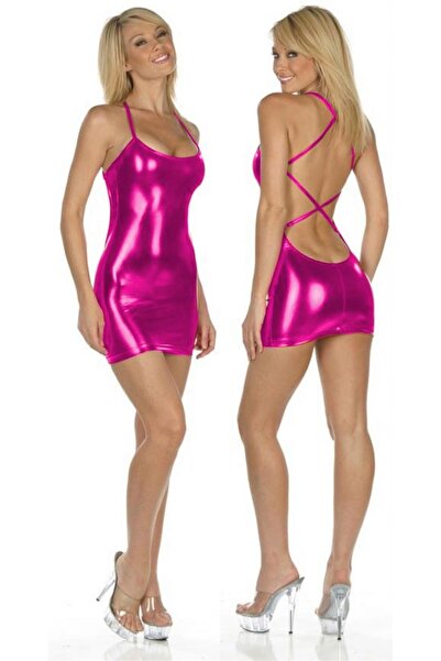 Hafif Giyim Fantezi Seksi Parlak Deri Görünümlü Çapraz Sırt Detaylı Mini Elbi...
