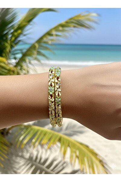 TUĞBATAKIAKSESUAR Kadın Çelik Mineli Yeşil Detay Çiçekli Taşlı Gold Paslanmaz...