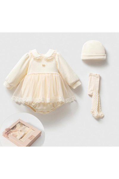 ATELİER GİZEM Kız bebek kadife kışlık mevlüt takımı krem rengi kız bebek elbi...
