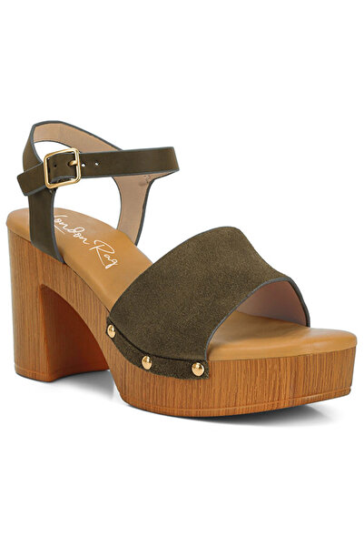 london Rag صندل نسائي بكعب عالٍ من جلد الغزال باللون الزيتوني