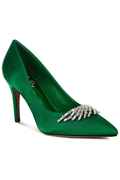 london Rag حذاء نسائي بكعب عالٍ من الساتان مزين ببروش مرصع بالألماس باللون ال...