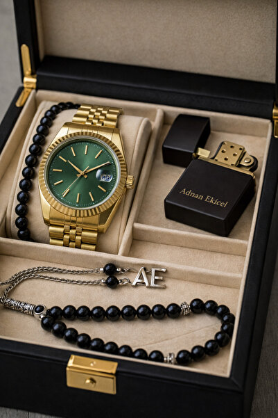 pierrose Premium Erkek Saat Aksesuar Seti Yeşil Kadranlı Altın Renk Saat İsim...