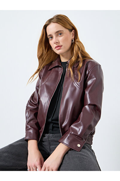 Take Two By Styli Women Burgundy Zip Up Faux Leather Jacket