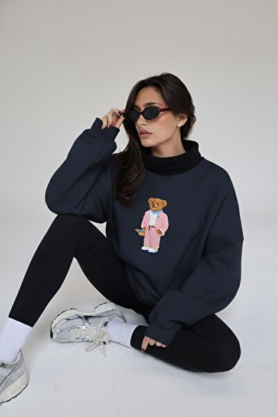 The Champ Clothing Women's Oversize Sweatshirt Pink Suit Bear 3D Printed Navy...