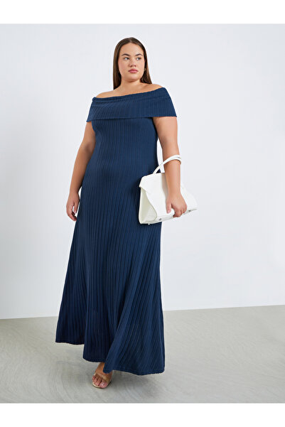 Styli Plus Size Off Shoulder Neck Ribbed Maxi Dress