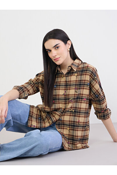 Styli Embroidered Plaid Oversized Shirt