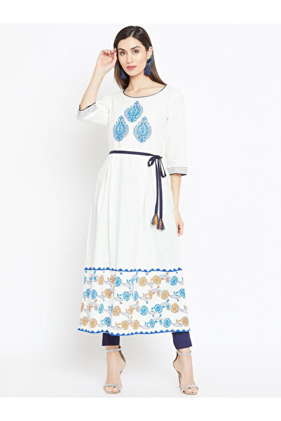 WineRed By Styli Women White Printed Cotton A-Line Kurta