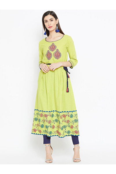 WineRed By Styli Women Green Printed Cotton A-Line Kurta