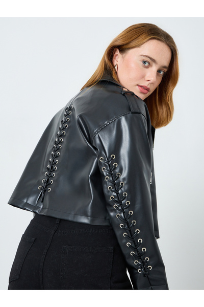 Take Two By Styli Women Black Faux Leather Lace-Up Jacket