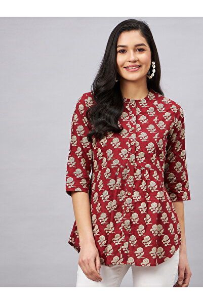 WineRed By Styli بلوزة نسائية بلون خمري مزينة بطبعة زهور وأكمام ثلاثة أرباع