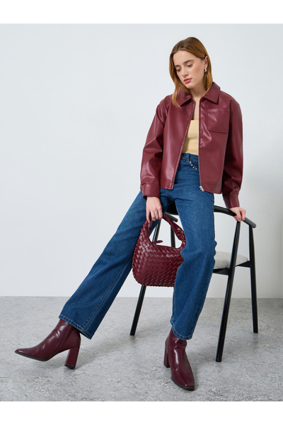 Take Two By Styli Women Burgundy Zip Up Faux Leather Jacket