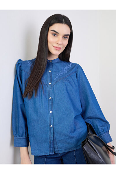 Styli Blue Embroidered Relaxed Fit Denim Shirt