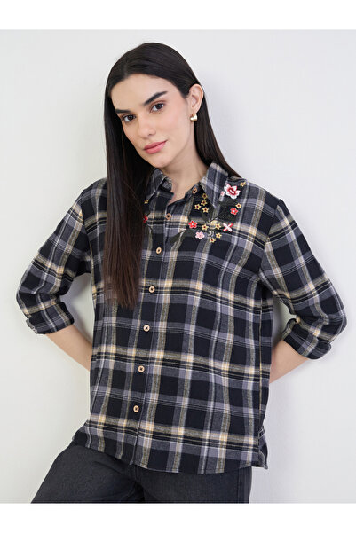 Styli Embroidered Plaid Oversized Shirt