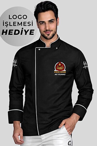 Üniformanya Firma Logo İşlemesi Hediyeli Siyah Uzun Kollu Aşçı Ceketi Beyaz Ş...