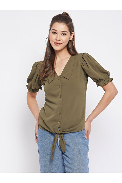 WineRed By Styli Women Olive Green Button-Down Top
