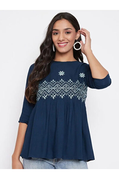 WineRed By Styli Women Navy Blue Embroidered Rayon A-Line Top