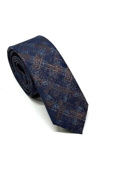 PİERRONİ Navy Blue Brown Turquoise Patterned Slim Tie