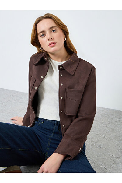 Take Two By Styli Women Brown Suede Buttoned Utility Jacket