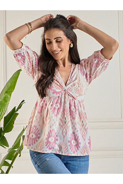 WineRed By Styli Women Off White Print Ruched Top