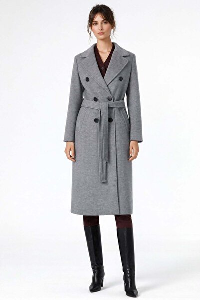 Ekol Kruvaze Yaka Kuşaklı Kaşe Kaban